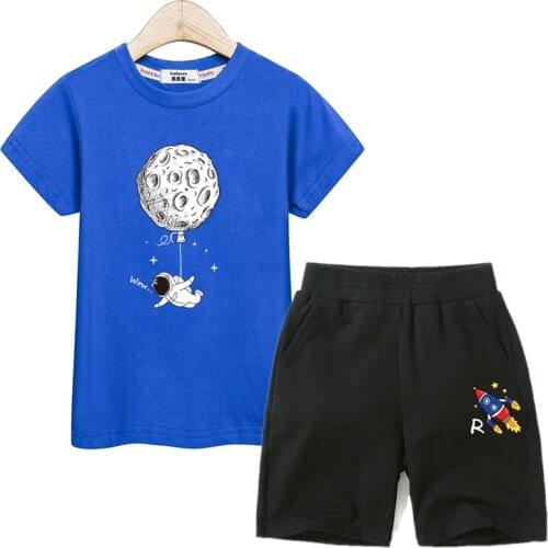 Aimi Lakana Boys Summer Outfit Astronaut Moon Funny T-shirt Kids Pants 2PC Suit Children Short Sleeve Clothing