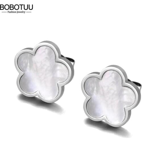 BOBOTUU Trendy Stainless Steel White Shell Plum Flower Bohemia Party Earrings For Women Original Design Earring Jewelry BE20133