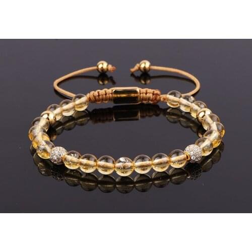 New Design Natural Stone Citrine Crystal Quartz Beads CZ Pave Charm Friendship Macrame Beads Bracelet Women