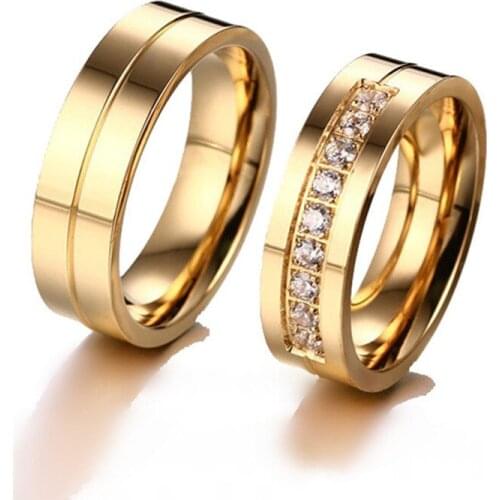 H:HYDE Trendy Lovers Wedding Bands Rings for Women Men Love Gold-color CZ Stone Stainless Steel Promise Jewelry size 6-10