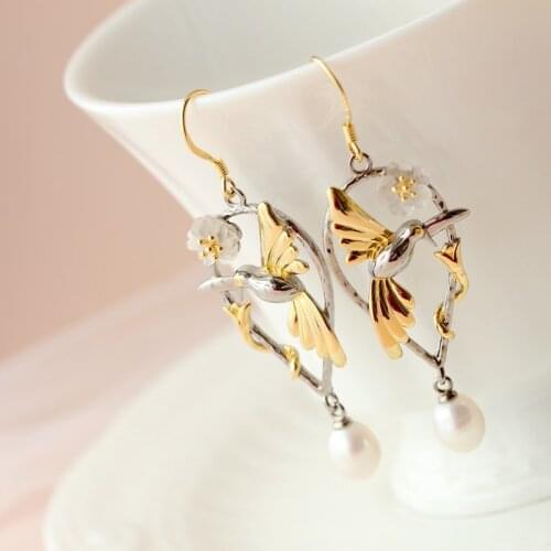 Authentic 925 Sterling Silver Earring Retro Style Charm Bird Inlaid Natural Freshwater Pearl Lady Earring Trendy Jewelry Gift