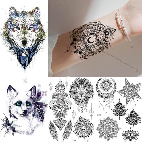 Realistic Mandala Flower Henna Lion Fake Temporary Tattoos Stickers Hands Women Arm India Tattoo Waterproof Totem Girl Tatoos