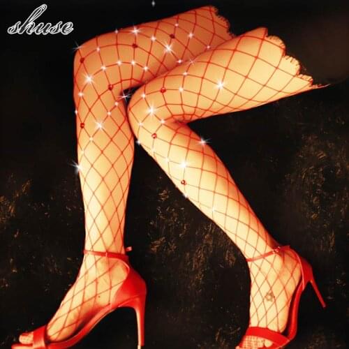SHUSE Sexy Fishnet Stocking Womens Sexy Lingerie Long Fish Net Pantyhose Set Diamonds Glittering Hot Erotic Thigh High Stocking