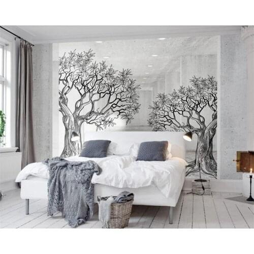 Beibehang Modern Home Background Wall 3d Wallpaper space black and white sketch line tree Photo wall mural 3d wallpaper