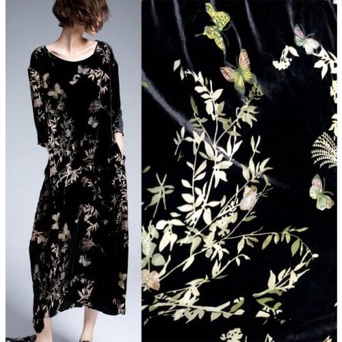 Crazy discount high grade luxury black Butterfly flowers Flocking fabric silk velvet fabric for dress/suit tissus metre Telas