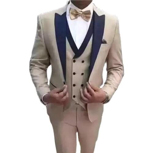 Beige Slim Fit Wedding Tuxedo for Groom 3 Piece Casual Man Suits Peaked Lapel Custom Waistcoat with Pants Male Fashion Costume
