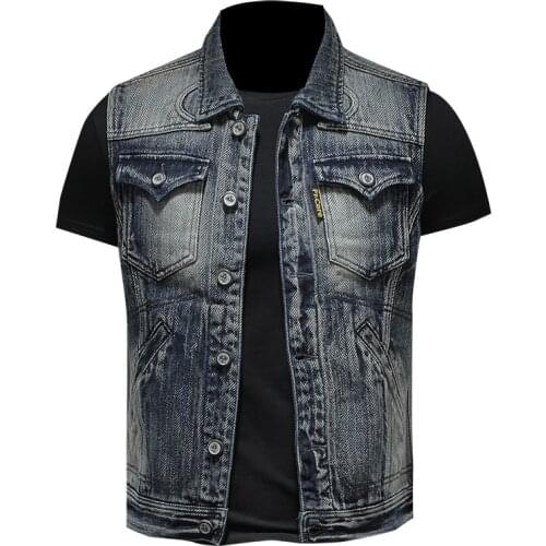 Vintage Punk Mens Vest Spring Summer Biker Motorcycle Denim Wasitcoat Men Casual Outdoors Cotton Sleevless Jean Jacket
