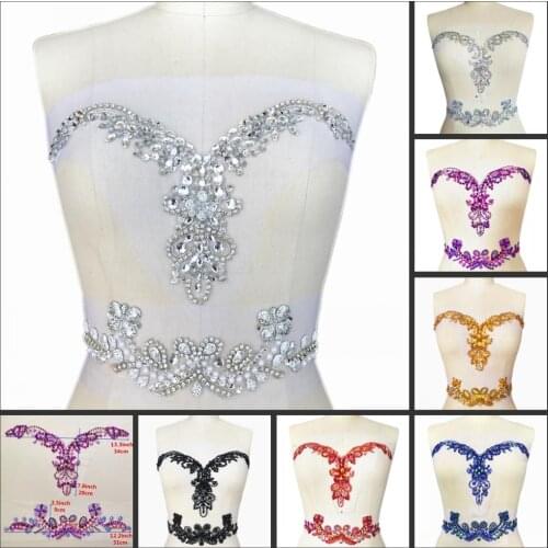 BEADED V-Neck AB Sew On Patch Applique Rhinestones Crystal For Bridal Design Sewing Wedding Clothes Chest Belt Decoration diy
