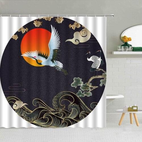 Chinese Style White Crane Waves Shower Curtain Fabric High Quality Bathroom Supplies Decor With Hooks Cloth Curtains Washable