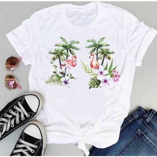 Women Cartoon Flamingo Beach Floral Animal Short Sleeve Graphic Summer Fashion Print Female Clothes Tops Tees Tshirt T-Shirt