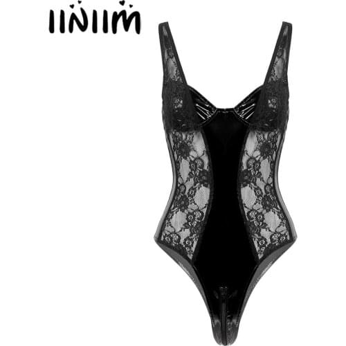 Womens Fashion Latex Bodycon Clubwear Wetlook Patent Leather Lingerie Teddies Exotic Costumes Lace High Cut Bodysuit Catsuit