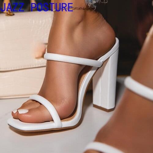 Womens Square Heel Mules Black White Snake Pattern Peep Toe Slide Casual Shoes Large Size Summer 2021 w099