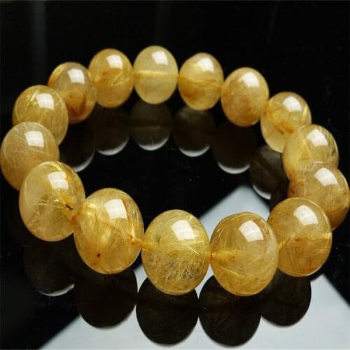 15mm Natural Titanium Rutilated Quartz Bracelet Gold Gem Stone Crystal Stretch Round Bead Natural Rutilated Quartz Bracelet