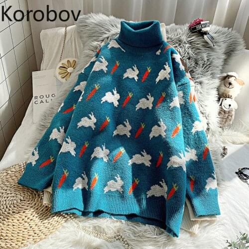 Korobov Korean Women Cartoon Knitted Jacquard Sweaters Autumn Winter Turtleneck Thick Pullovers Sueter Mujer Kawaii Harajuku Top