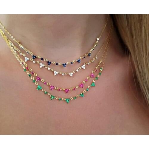 Minimal short choker women micro pave red blue green white three stone drop cz Tiny Clover necklace engagement fashion jewelry