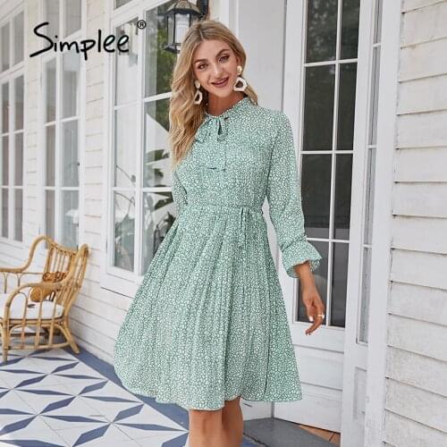 Simplee Elegant spring summer floral print midi dress women Ruffle sleeve bow sash pleated dress chic High waist dresses loose