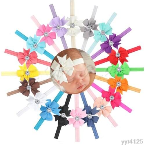 10pcs Newborn Bow Flower Hair Band Headwear Accessories Cloth+Grosgrain+Rhinestones Colorful Kids Headbands W110