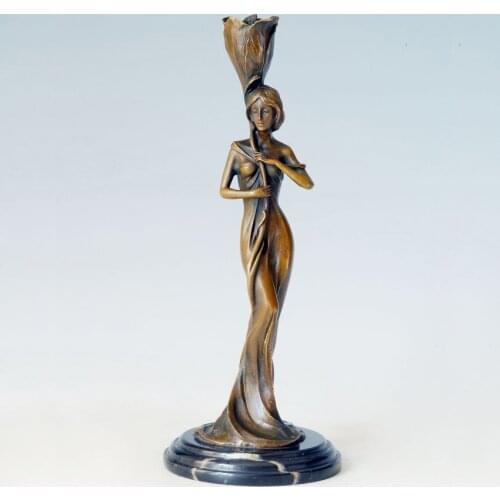 ATLIE Bronzes Classical Bronze standing girl statue Candle Holder Candlestick gifts Antiques Collections handicraft