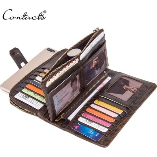 CONTACTS Genuine Leather Women Men Wallet Long Clutch Walet Portomonee Rfid Luxury Brand Money Bag Female Zipper Coin Purses