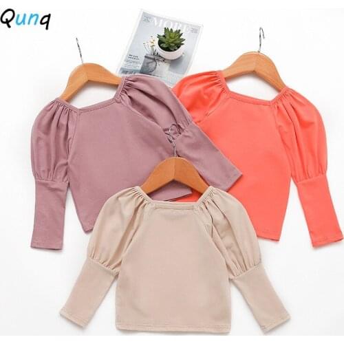 Qunq Cotton Girls T-shirt Fashion Square Collar Long Sleeve Kids Top Clothes 2021 Spring Fall Toddler Children Princess Pullover