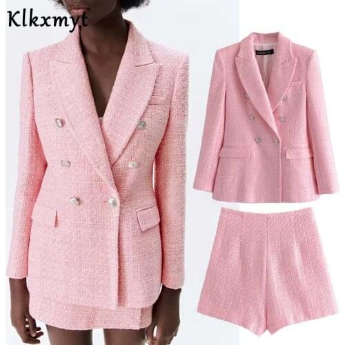 Klkxmyt Za Suit Set Women Fashion Plaid Texture Tweed Casual Blazer+Shorts Sets Vintage Double Breasted Woman Two Pieces Sets