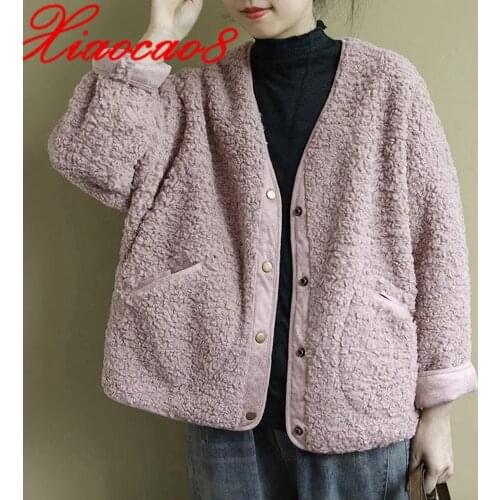 Pink Lambswool Jacket Overisze Covered Button V Neck Loose Female Winter Coat Korean Style Chaqueta Mujer Outerwear