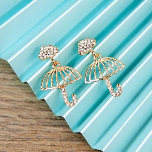 Cute Rhinestone Cloud Drop Earring Gold Umbrella Shape Long Dangle Earrings Women Girls Fashion Jewelry Party Birthday Gifts