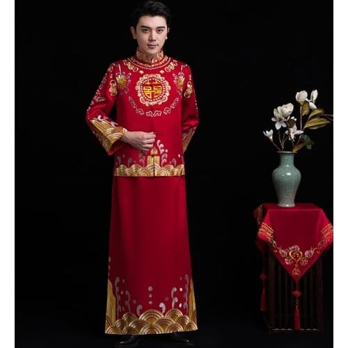Male red cheongsam Oriental Mens Chinese style costume the groom dress vestido traditional Chinese wedding Qi pao for men