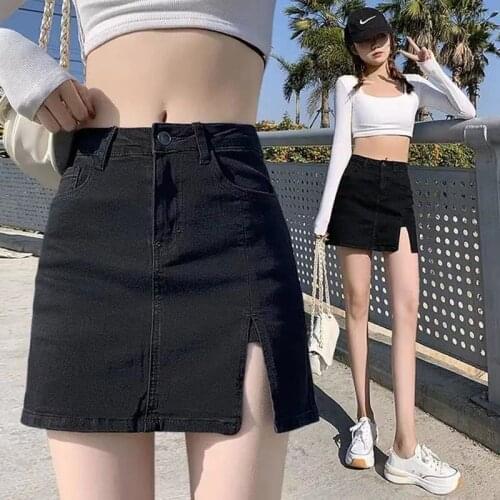 2021 Spring and Summer New Black Denim Short Skirt Half-length Skirt Womens Fashion Split Anti-glare Culottes A-line Skirt