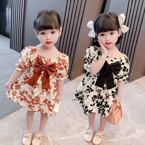 Girls Retro Black Flower Short Sleeve Mini Dress For 2-6 Years Old Baby Toddler Wear With Big Bow Tie Square Neck Summer Dresses