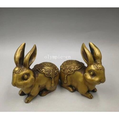 Pair bronze copper brass home fengshui auspicious fortune treasure rabbit hare