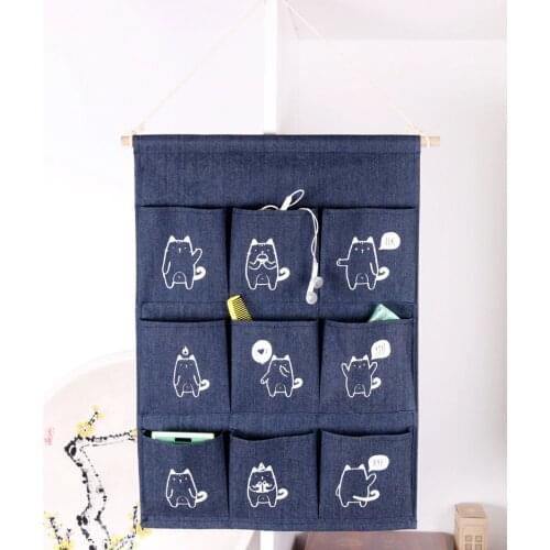 Cotton Linen Hanging Storage Bag 9 Pockets Wall Mounted Wardrobe Hanging Bag Wall Pouch Cosmetic Toys Organizer multi Colors