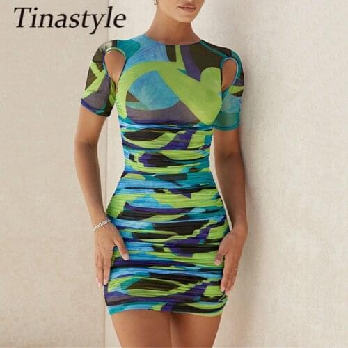 Tinastyle Print Double Layer Ruched Dress For Women Sexy Hollow Out Short Sleeve Bodycon Mini Dress Ladies Party Dress Clubwear