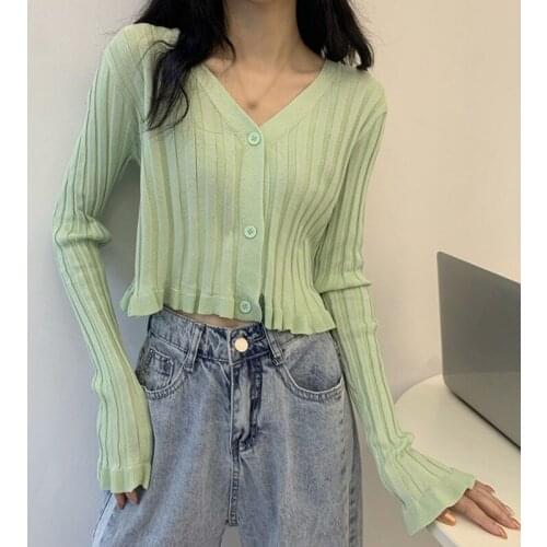 Summer Sunscreen Knitted Women Cardigan Thin Slim Long Sleeve V-neck Short T Shirt Solid Sweet One Size