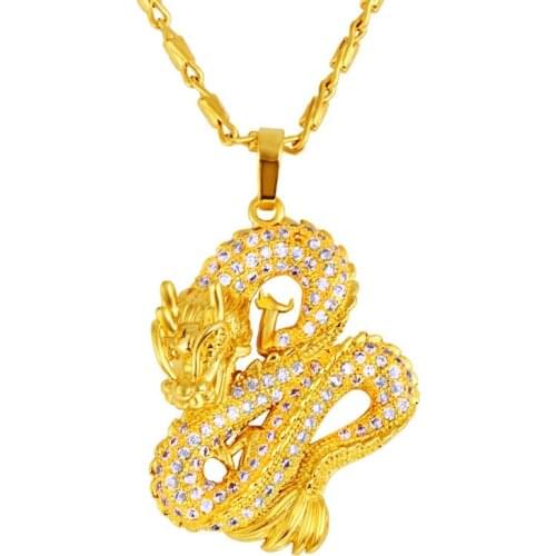 VAMOOSY Vintage stereoscopic dragon shape Pendant Necklaces For Women 24K Gold Color Chain men Necklace Unisex Jewelry gifts