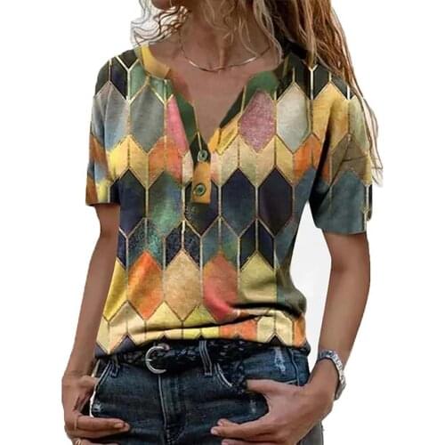 Women T-shirt Fashion V Neck Geometric Hexagon Cotton Blend Short Sleeve Buttons Top Short Sleeve T-Shirts camisetas de mujer