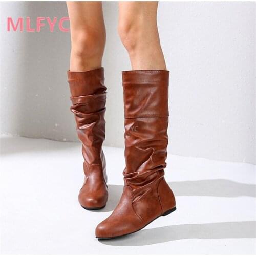Plus size womens boots 2021 autumn and winter new womens boots solid color fold flat high leather boots women