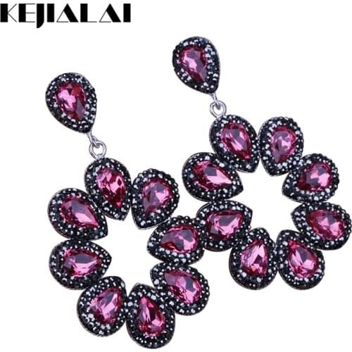KEJIALAI Luxury Handmade Jewelry Rose Red Water Drop Crystal Pave Rhinestone Big Hyperbole Long Drop Dangle Earrings For Women