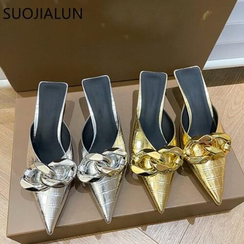 SUOJIALUN 2021 New Brand Women Slipper Fashion Gold Chain Sandal Shoes Ladies Pointed Toe Slip On Mules Thin Low Heel Slides