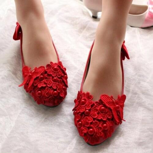 Flats red laces shoes for woman ladies girls party dinner red lace bow bowtie NQ280 dancing flats shoes red with pearls