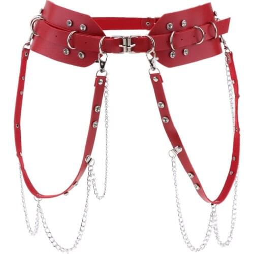 Women Men Punk Faux Leather Belt Metal Chain Ring Waist Strap Wide Waistband