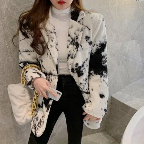 Women Casual Long Sleeve Single Breasted Black White Panelled Print Loose Blazer Coat