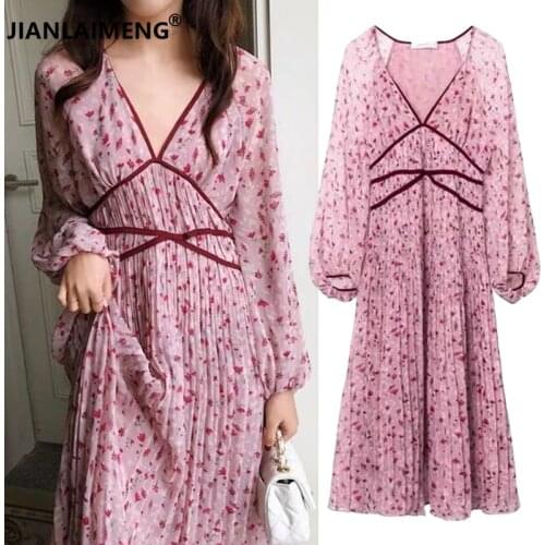 New Summer Romantic Women Bohemian Floral Lantern Sleeve V-Neck Sexy Dress Pleated Full Print Dresses Woman Chiffon Long Dress