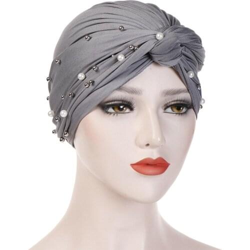2021 Ladies Hijab Scarf Women Elastic Turban Muslim Hijab Islamic India Caps Beads Chemo Caps Headwraps Knotted Muslim Turban