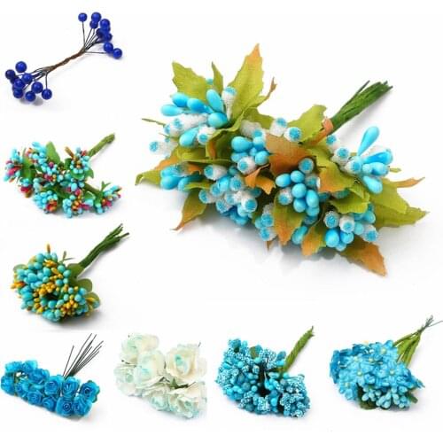 6-144pcs Blue Color Hybrid Flower Cherry Stamen Berries Bundle DIY Christmas Wedding Cake Gift Box Wreaths Decor