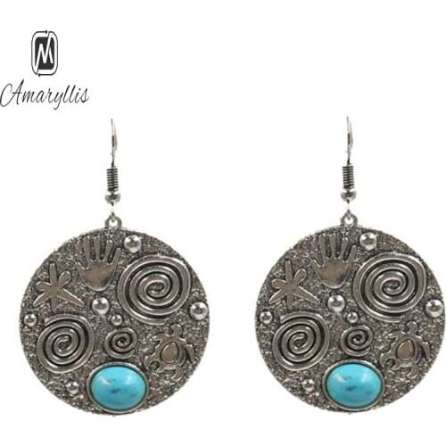 Amaiyllis Bohemia Beach Earrings For Women Ethnic Geo Stone Drop Earrings Vintage Round Pendant Dangle Earrings Ocean Earrings