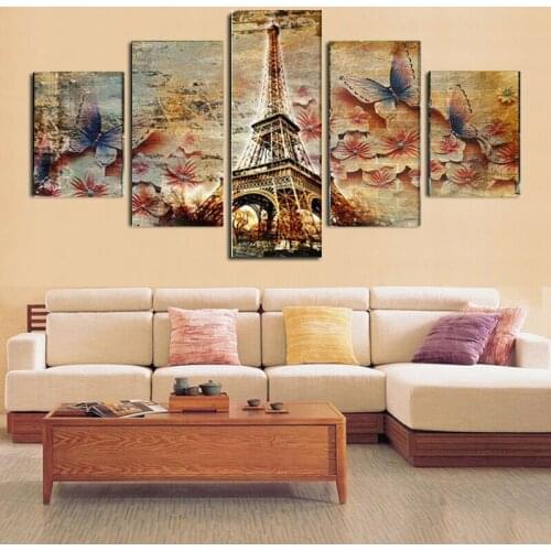 No Frame 5 Panel Modern Abstract Oil Painting Canvas Wall Art Print Cuadros Vintage Eiffel Tower For Home Decoration W-4