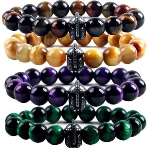 High Quality Natural Stone Bracelet Beads Mens Bracelet Spartan Helmet Tiger Eye Jewelry DIY Charms Bracelet Wholesale 6/8/10mm