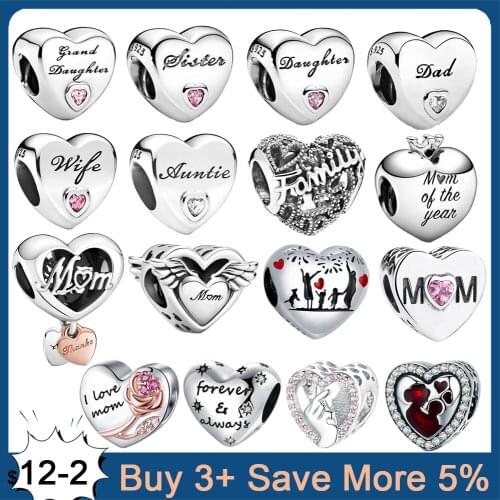 Genuine 925 Sterling Silver Charm Heart Love Mom Family Tree Beads Fit Original Pandora Bracelet Jewelry Making DIY Women Gift