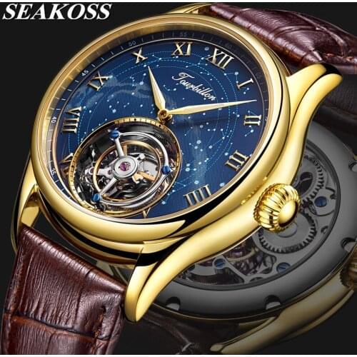 Original Seagull Tourbillon Men Watch Sapphire Starry Sky Dial Tourbillon Movement Mens Mechanical Watches Leather Male Clocks